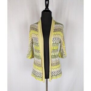 Nic + Zoe Sweater PP Women's Yellow Striped Open Weave Knit 3/4 Sleeve Cardigan